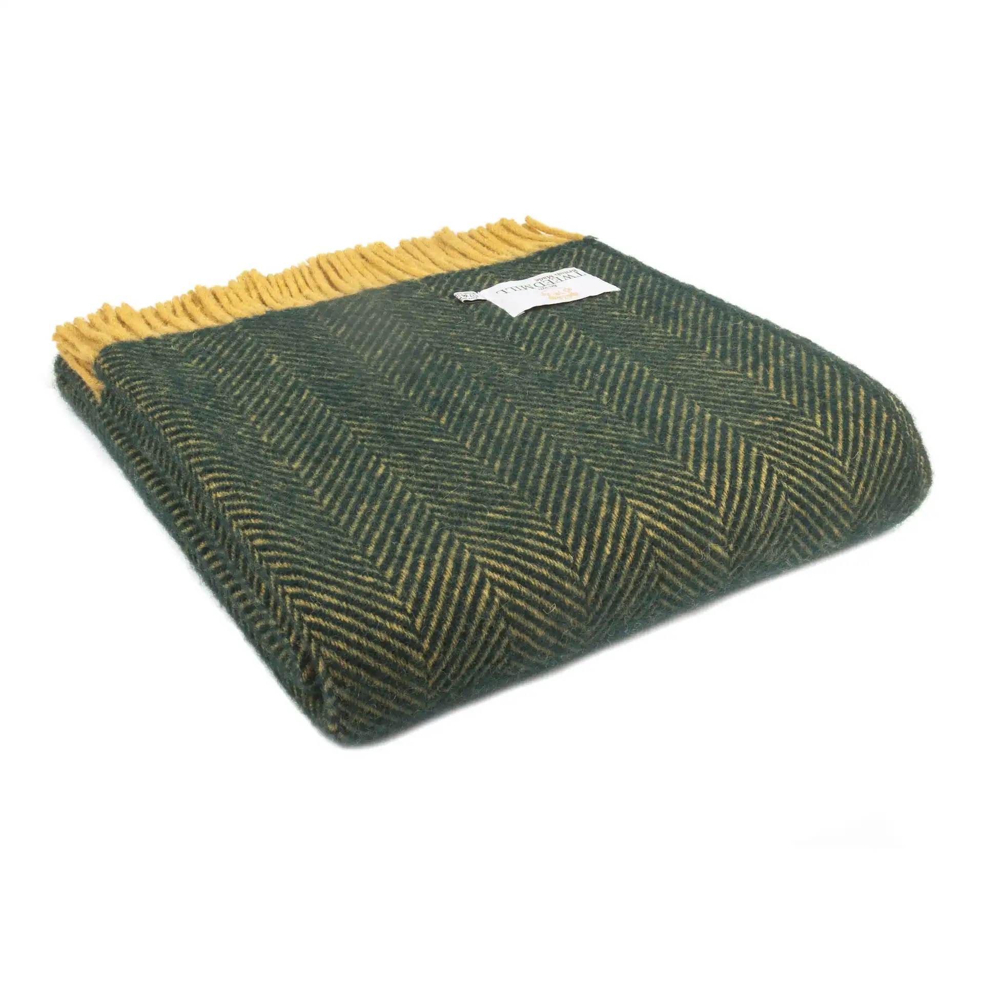 Deka z čisté vlny - Herringbone/Emerald & Mustard
