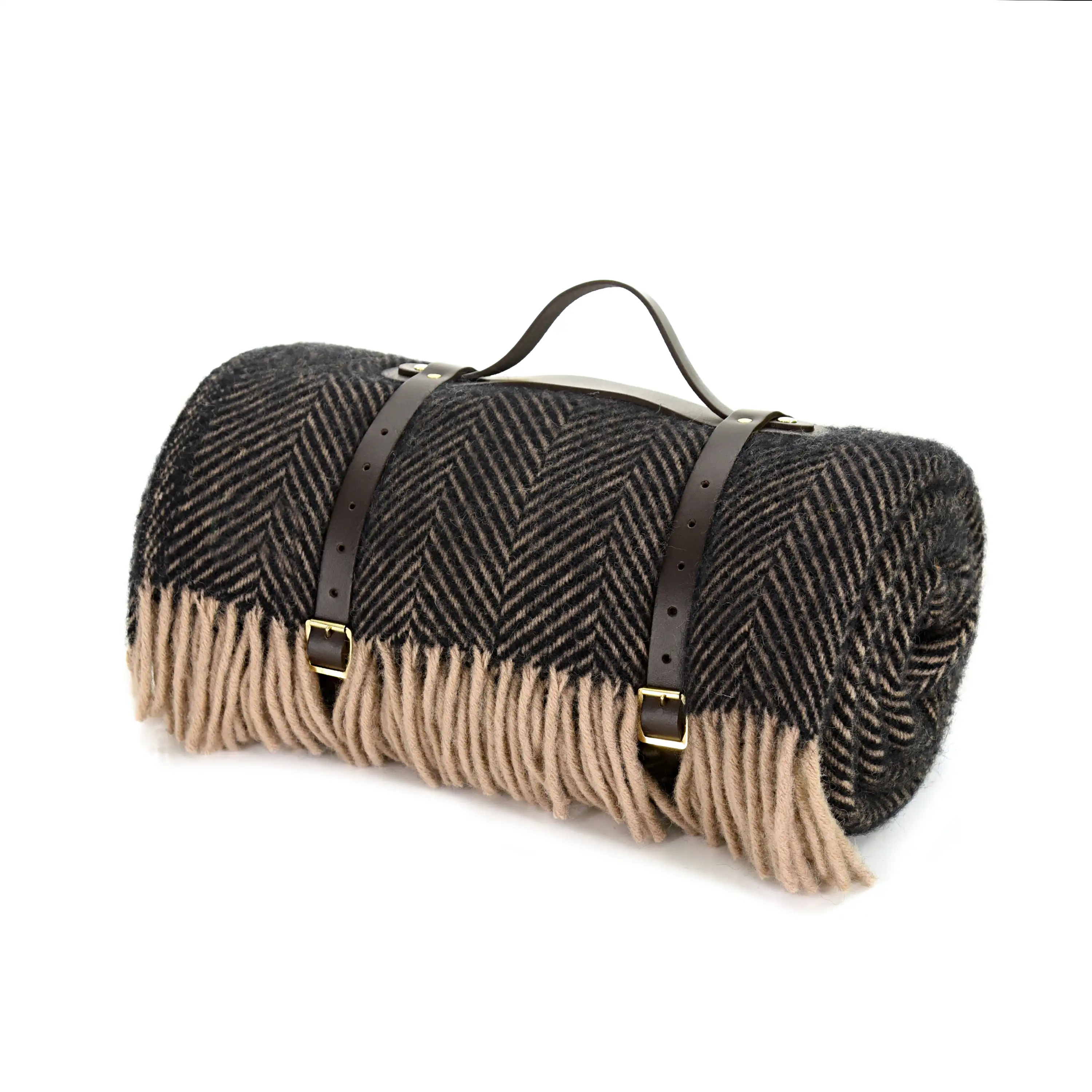 Pikniková deka - Polo - Kožené popruhy - Herringbone Vintage/Brown